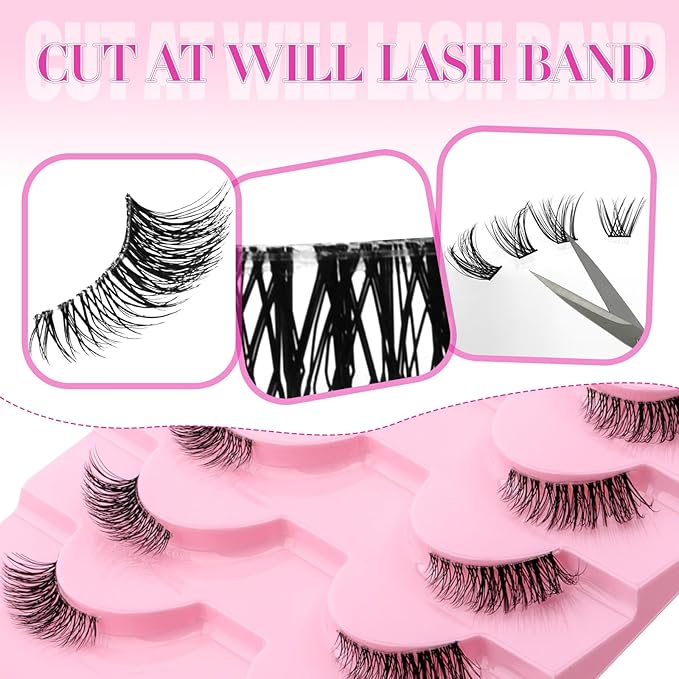 FADLASH False Eyelashes Kit 10 Pairs Faux Mink Lashes Wispy with Lash Bond and Seal and Tweezer Fake Eyelashes Natural Look Handmade Eyelashes Cat Eye Lashes Fake Lashes Strips (BY001 Kit)