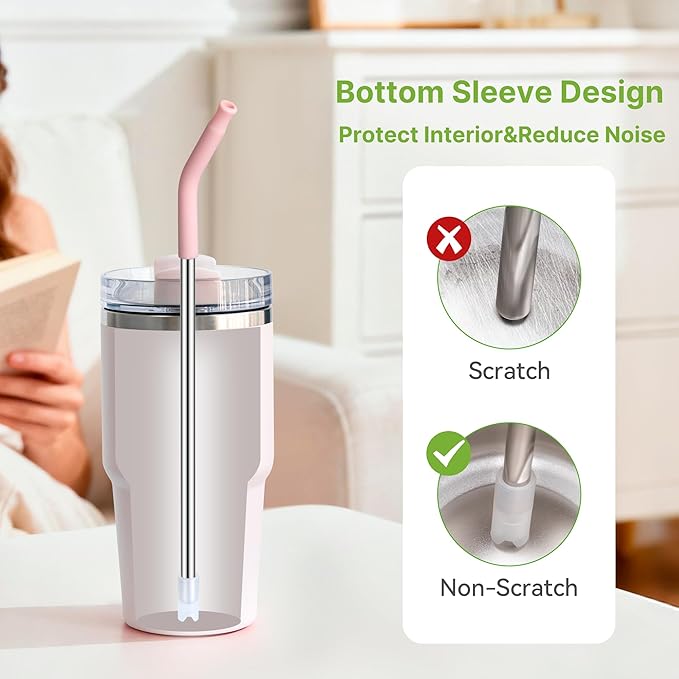 Metal Straws for Stanley Cups 14 oz & 20 oz, 8.6″Short Straw Replacement Stainless Steel Straw with Silicone Tip Reusable for Stanley Quencher H1.0 H2.0 Tumblers 100% BPA Free & Dishwasher Safe (Pink)