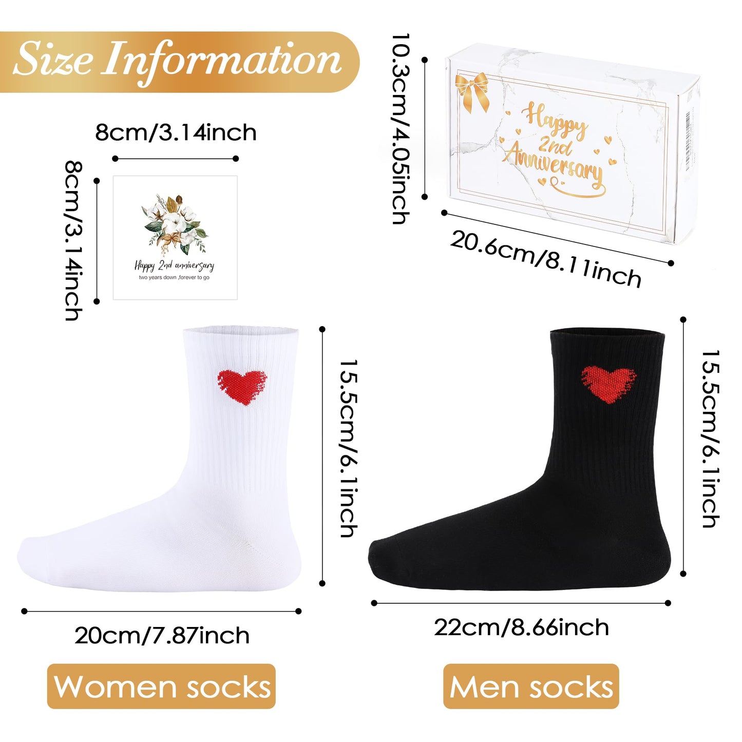 EcoUtens 2nd Anniversary Cotton Gift Set – 2 Pairs of Romantic Cotton Couple Socks with 2 Years Anniversary Card & Gift Box for Couples, Him, Her, Husband, Wife