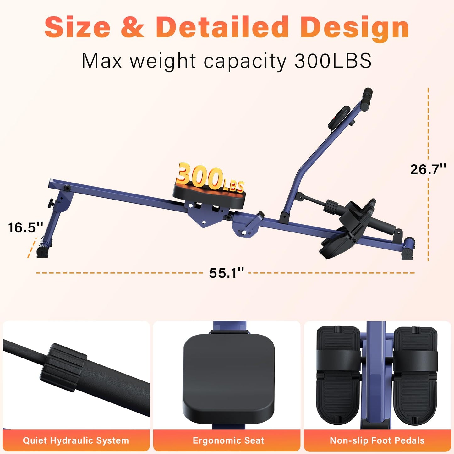 Rowing Machines for Home, Hydraulic Rower Compact Foldable, 300LBS Weight Capacity with 12 Levels Adjustable Resistance for Full-Body Cardio Workouts
