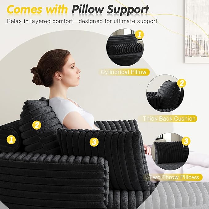 360-Degree Oversized Swivel Chair, Modern Round Circle Corduroy Comfy Deep Seat Swivel Accent Chaise Lounge Sofa Chair with Back Cushion & 2 Throw Pillows for Living Room Bedroom Office, Black
