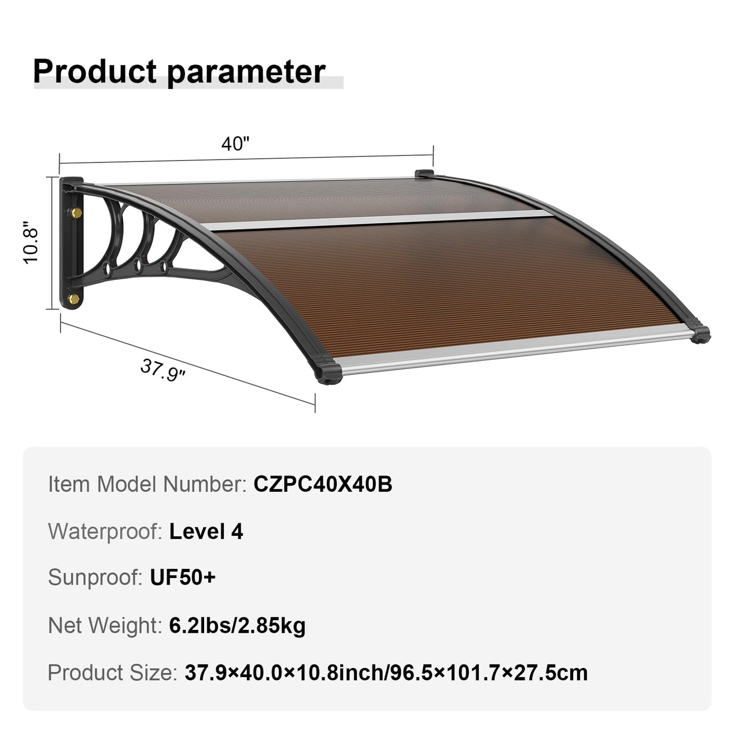 VEVOR 40" x 40" UPF 50+ Polycarbonate Window Door Awning Canopy, Modern Style, Brown Board & Black Bracket, Front Door Overhang Awning
