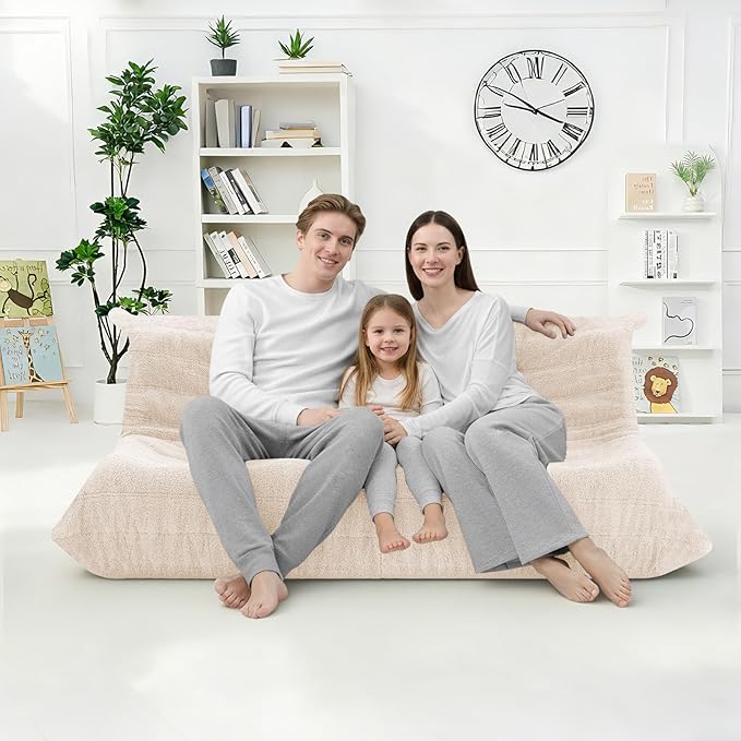 HABUTWAY Bean Bag Chairs Fireside Lazy Floor Sofa, Soft Teddy Fleece 3 Seater Sofa with High-Resilience Foam Filling，Beanbag for Living Room, Bedroom, Office (Beige Teddy)