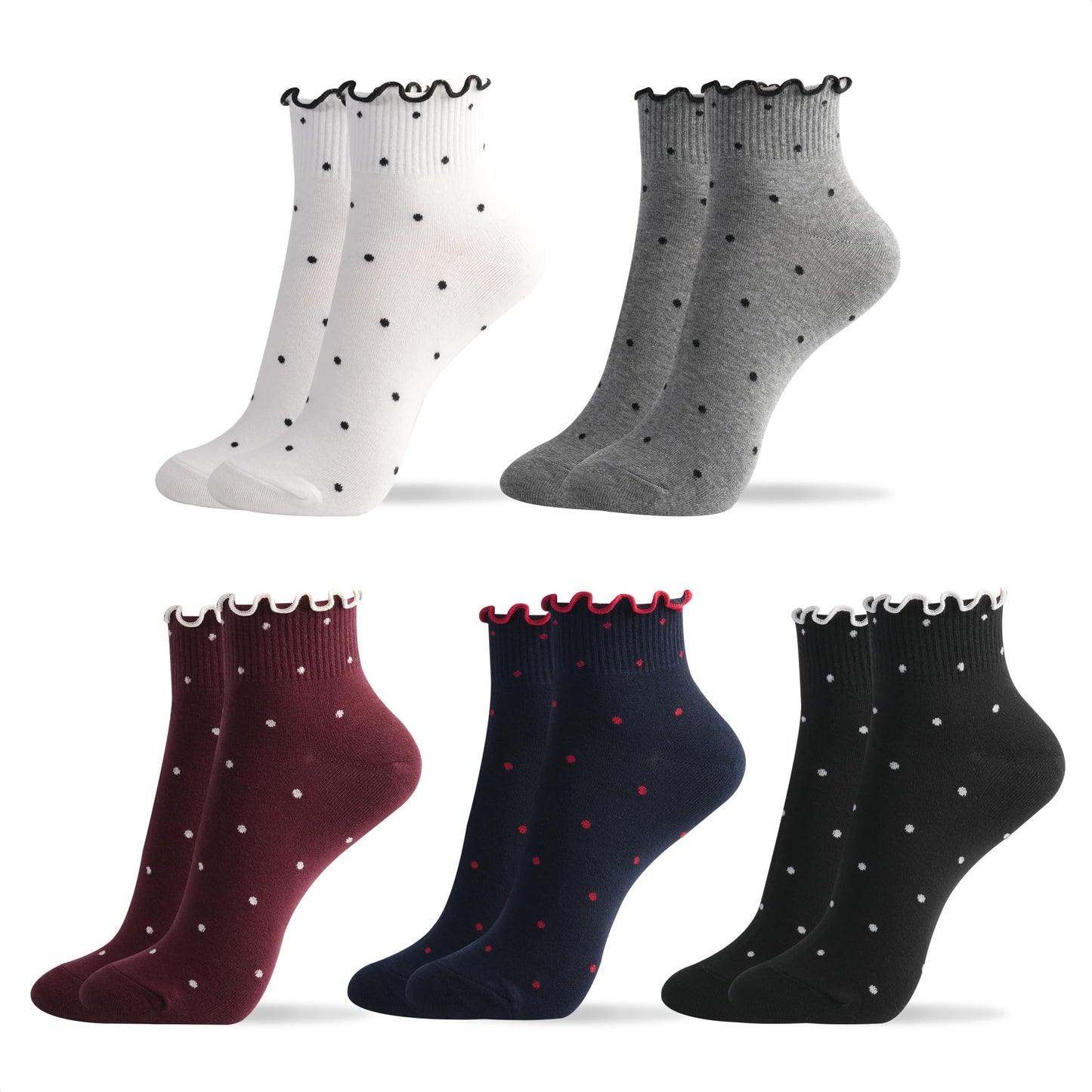 kikiya socks Women Cute Ankle | 5 Pairs Ruffle Design with Polka Dots Pattern Cute Frilly Lace Mid Cut Black White Gray Wine Navy Print Daily Cotton Socks | Womens Ladies Girls Gift | Ruffle Dot A