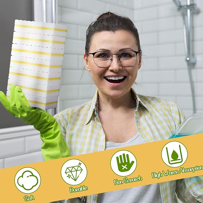 60 Pack Magic Extra Durable Sponge Eraser 3 Layer Density Cleaning Pads in Bulk Thick More Lasting Sponge Eraser for Bathroom Kitchen Floor Bathtub Toilet Cleaner (Yellow and White)