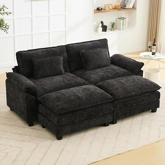 Oprisen 86" Modular Sectional Sofa, Comfy Cloud Couch Sectional Sofa with Ottoman, Chenille Sofa Sleeper Deep Seat Sofa with Throw Pillows for Living Room (Black)