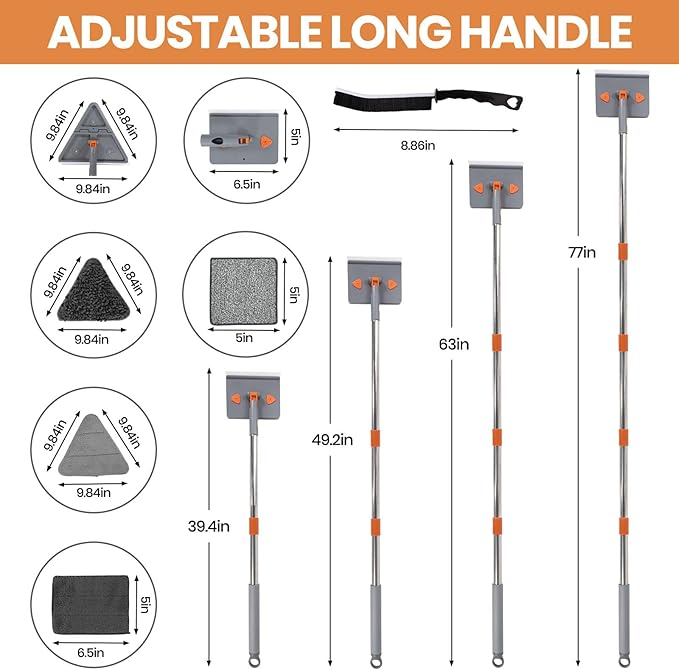 85'' Wall Mop and Baseboard Cleaner Tool with Handle 2-in-1 Wall Cleaner Mop with Triangle & Square Heads, 8pcs Reusable Pads for Cleaning, Ceiling, Wall, Floor, Shower