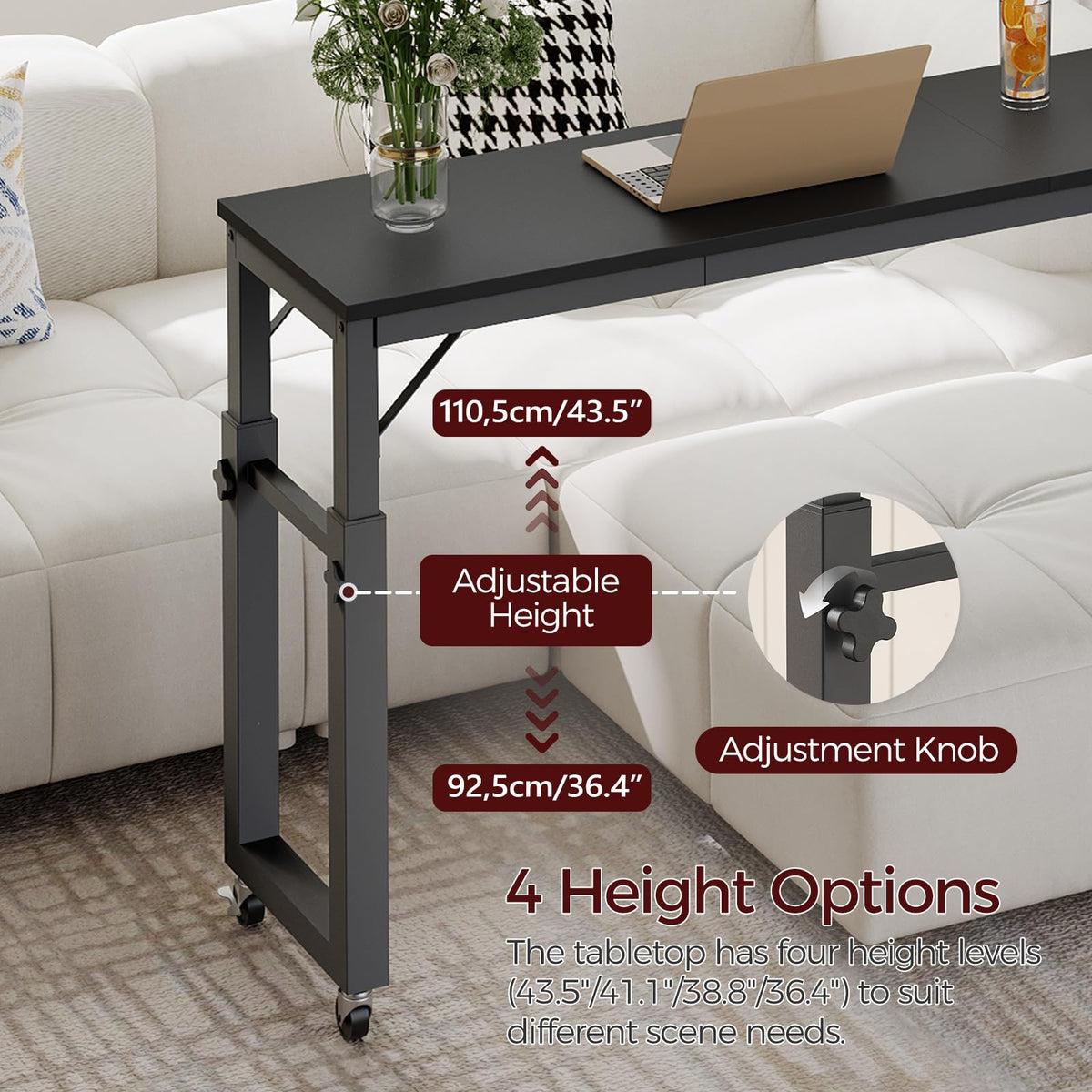 MAHANCRIS Overbed Table with Wheels, Queen Size Mobile Bed Desk with Adjustable Height, Rolling Table, Dining Table, Computer Desk, for Bedroom, Living Room, Office, Black MTBK18001