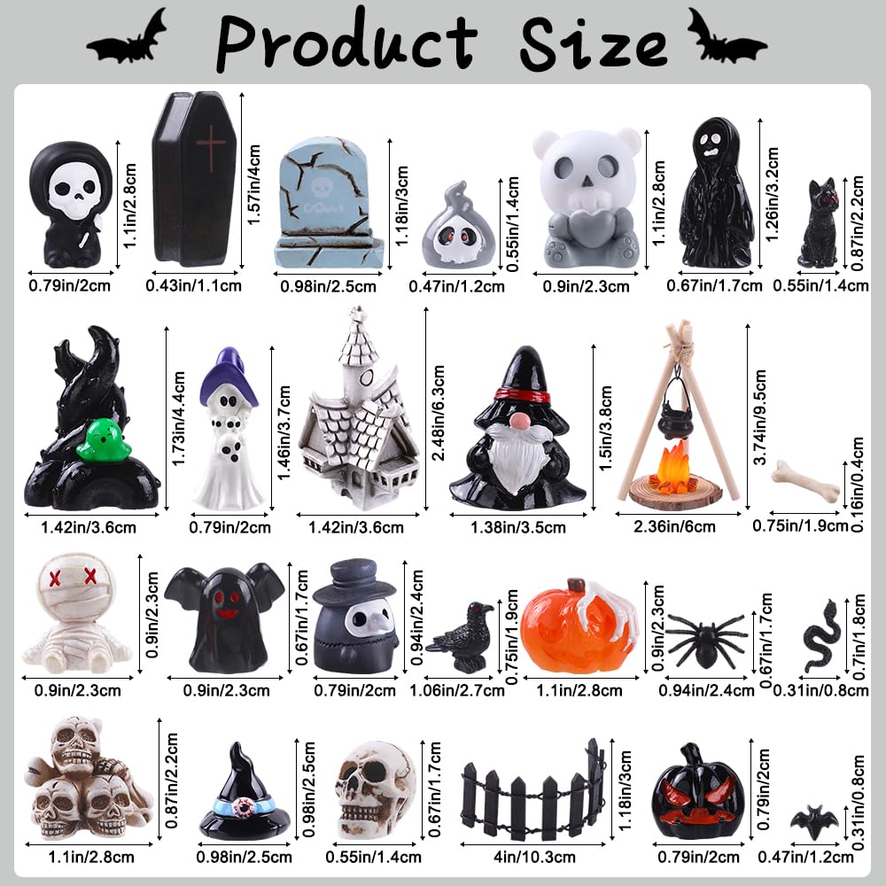 DIYDEC 54pcs Halloween Mini Resin Figures, Tiny Figurines to Hide Toys Little Small Ghost Skull Miniatures Bulk for Halloween Party Favors Bag Fillers Garden Dollhouse Decor