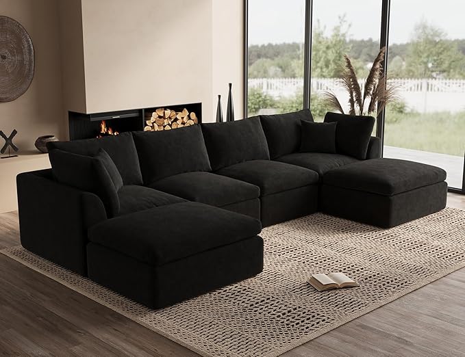 ohllob 140" U Shaped Couch, Cloud Sectional Couches for Living Room, Boneless Couch with Ottoman, Oversized 4 Seater Modular Sectional Sofa, Black
