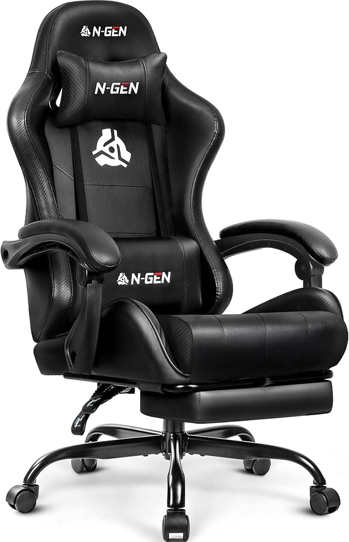 N-GEN GAMING Video Gaming Chair with Footrest Lumbar Support for Home Office High Back Recliner Height Adjustable Ergonomi...