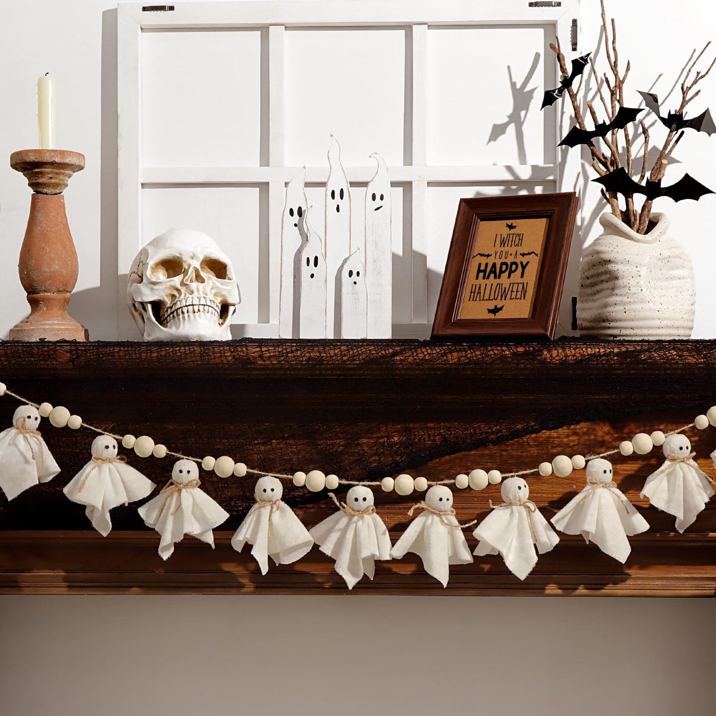 Bunny Chorus 7Ft Cute Halloween Ghost with Wooden Beads Garlands, Handmade Rustic Halloween Banner for Wall Home Indoor Outdoor Spring Decor Supplies, White