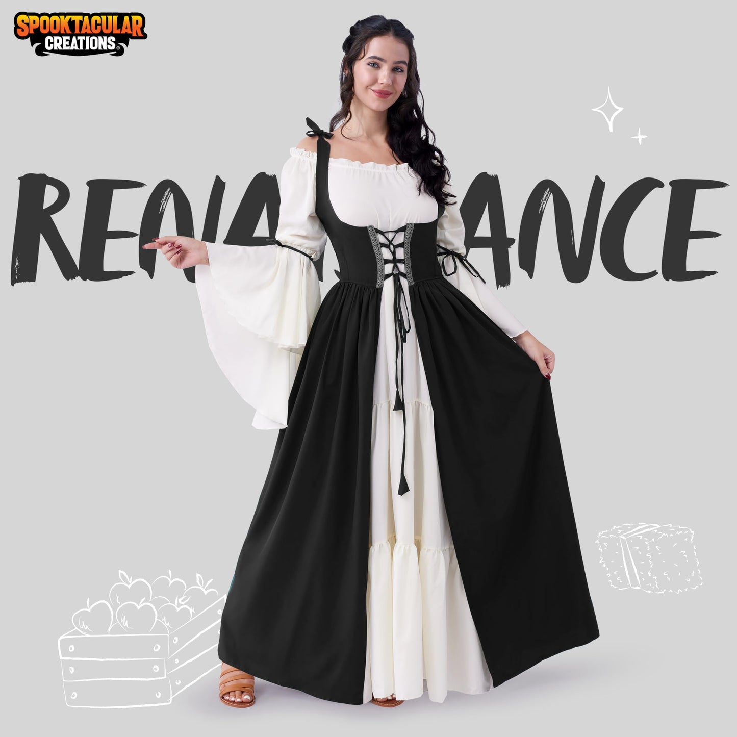 Spooktacular Creations Renaissance Costume Women, Medieval Black Chemise Ren Faire Dress Irish Overdress, Renaissance Corset with Trumpet Sleeve for Halloween Cosplay Wedding Themed Parties-S