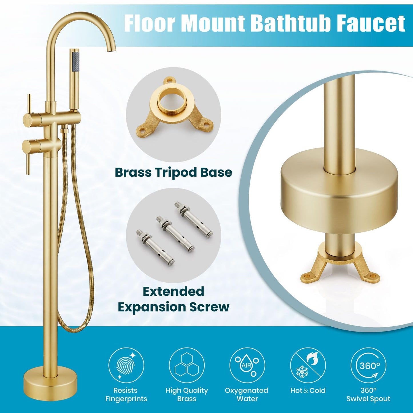gotonovo Floor Mount Bathtub Faucet High Flow Freestanding Tub Filler Standing Shower Faucets with 360° Swivel Gooseneck Spout and Cylinder Handheld Spray, Brushed Gold