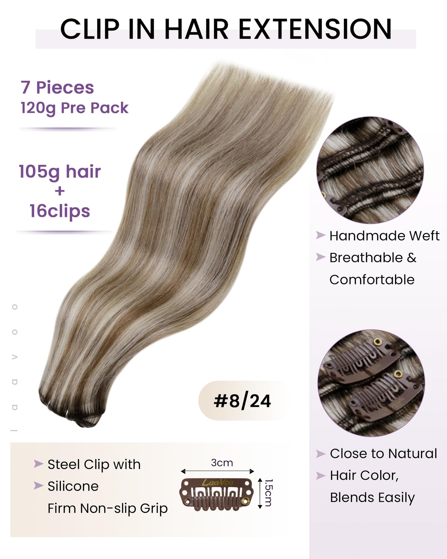 LaaVoo Clip in Extensions Real Human Hair Blonde Highlights Hair Extensions Clip ins Real Human Hair Light Brown Highlighted Pla