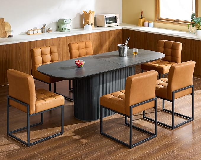 GrandNoor Brown Faux Leather Dining Chairs Set of 4, Mid-Century Modern Dining Room Chairs with Armless, Checkered Kitchen Chair with Metal Legs