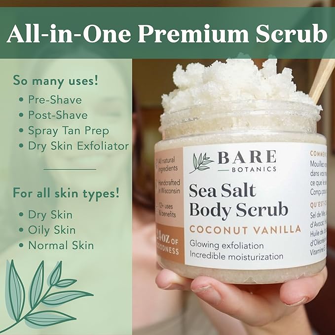 Bare Botanics Vanilla Hazelnut Coffee Body Scrub 24 oz - Naturally Scented Sea Salt Scrub Made in Madison, WI - Formulated w/Skin Loving Moisturizers - Vegan, Cruelty Free w/a Cute Wooden Spoon