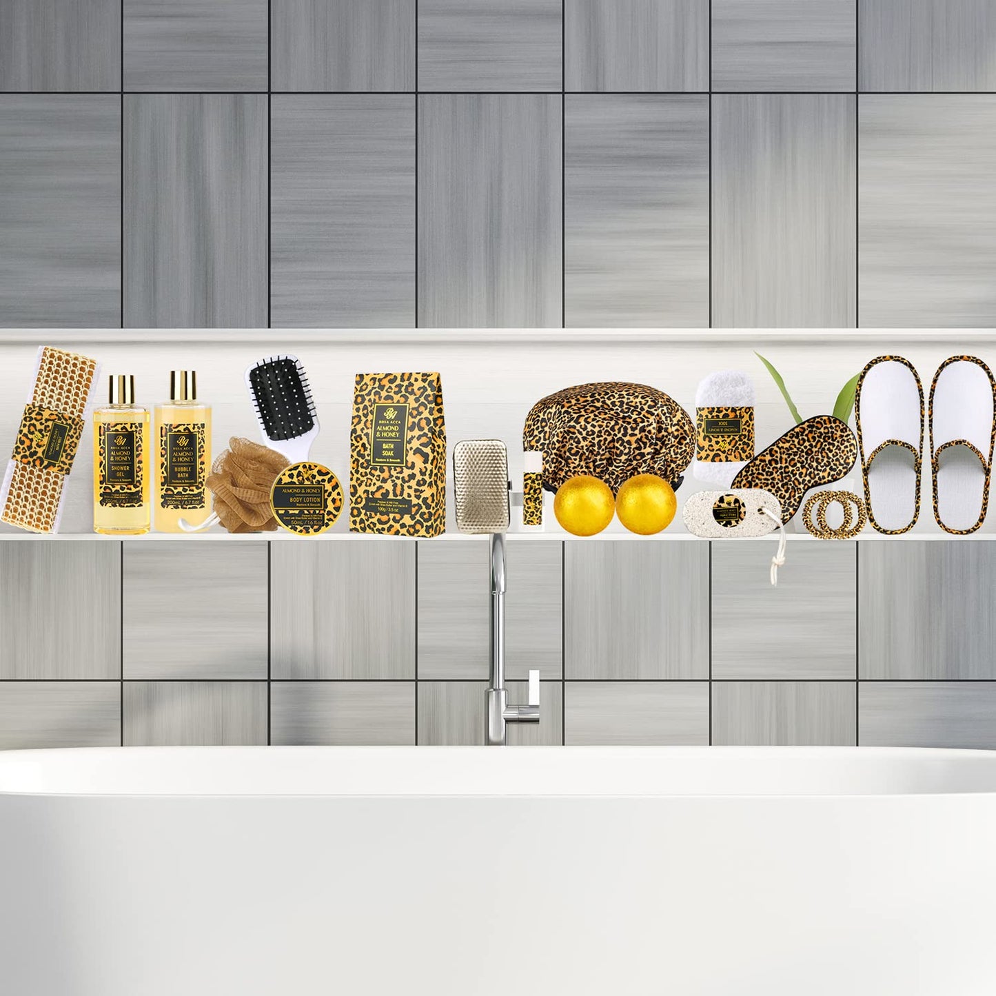 Bath Gift Set for Women, XXL 20 Pcs Skin Care Set Leopard, Slef Care Gifts Set , Mother's Day, Valentine, Birthday, Christmas, Home Spa Kits with Shower Gel, Body Lotion, Shower Cap, Manicure Set