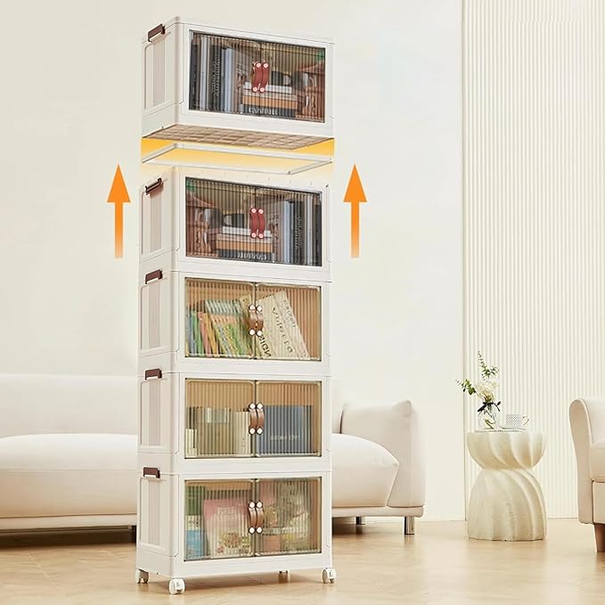 5-Tier Storage Bins with Wheels, Large Stackable Storage Bins Open Front, Clear Plastic Stackable Organizer Boxes, 400 QT Capacity, White (5 Tier, 23.6″)