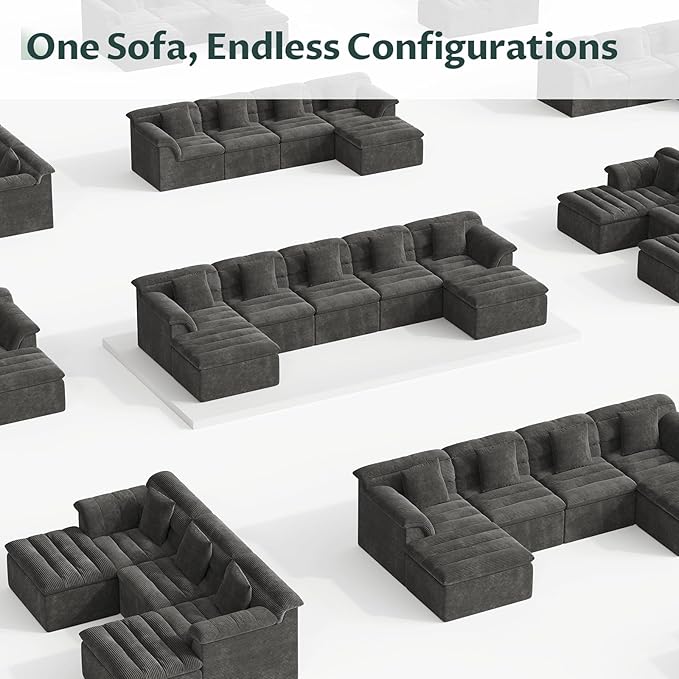 SUNG7 172" Modular Sofa with Ottoman, Boneless Cloud Couch with Deep Seat, Comfy U-Shape Corduroy Couches for Living Room, No Assembly Required, Dark Gray