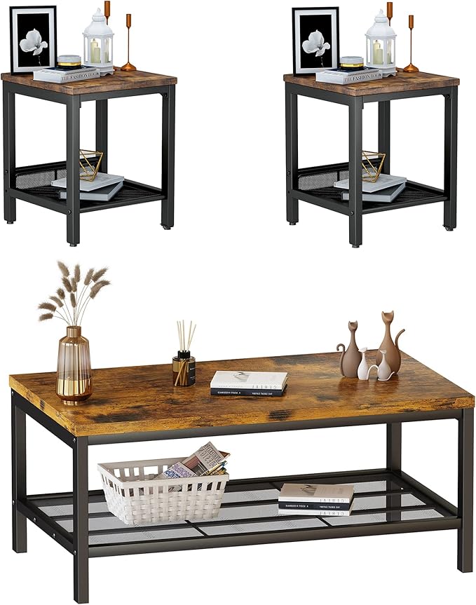 AWQM Coffee Table Industrial Coffee Table with 2 Square End Side Tables, Modern Living Room Table Set with Metal Frame for Apartment Home Office, Rustic Brown Set001