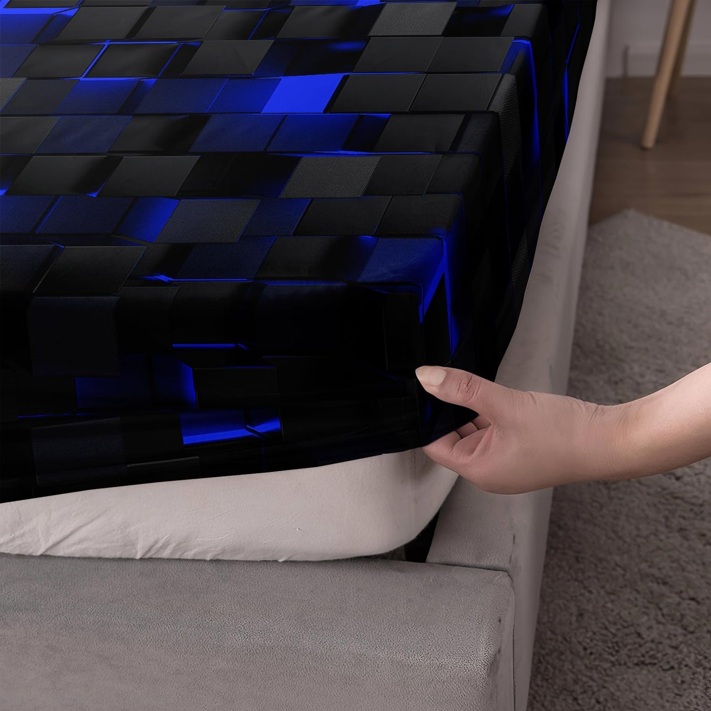 Soft Bedding Fitted Sheet Full Size,Geometric Blue Black Microfiber Fitted Sheet with 16" Deep Pockets Fitted Sheet Room Decor,Bed Sheets & 2 Pillowcases for Kids Boys and Girls