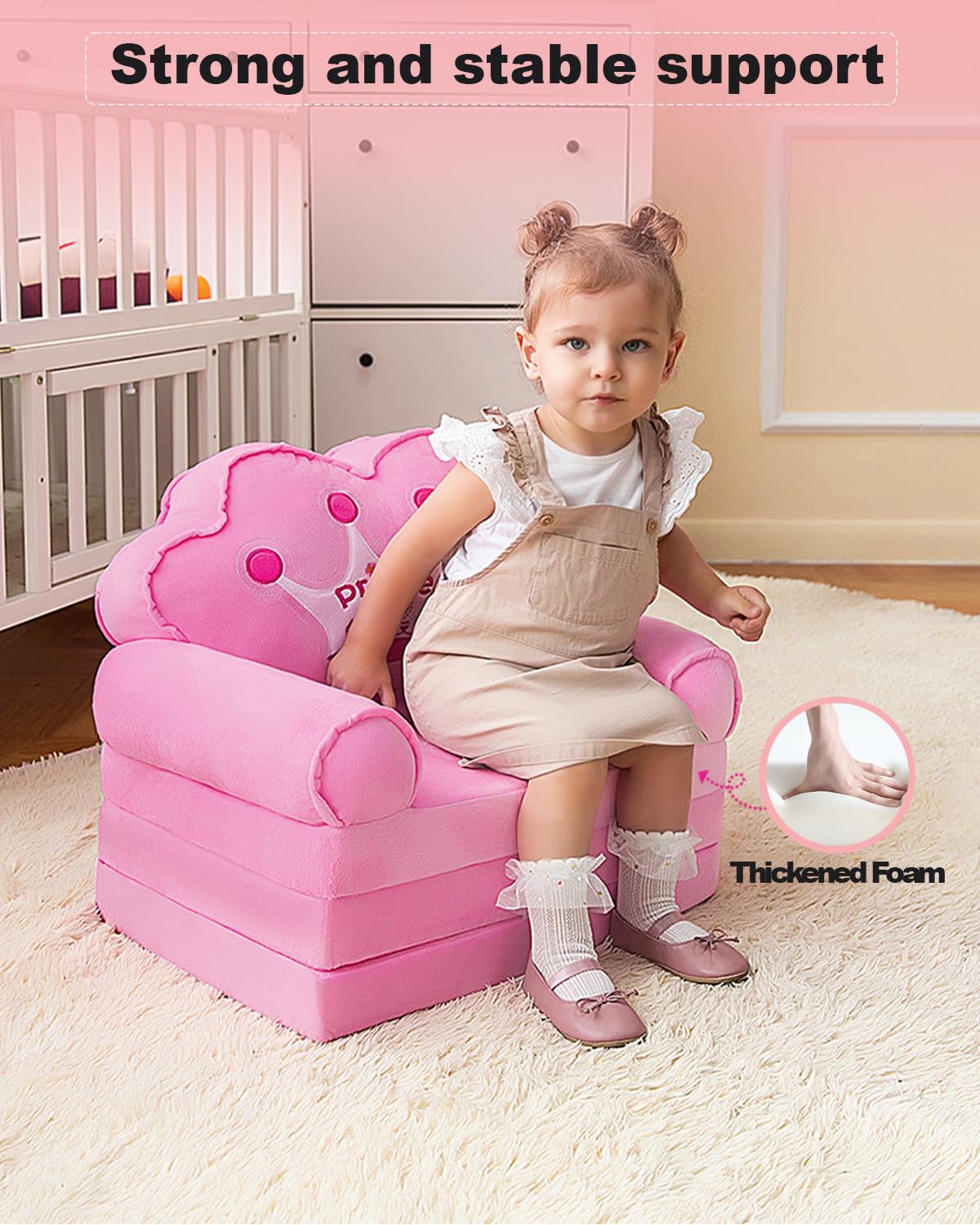 MOONBEEKI Kids Couch Fold Out, Foldable Princess Chair for Toddlers 1-3, Sofa Bed for Kids Folding Toddler Bed Lounger Chair for Bedroom （Pink）