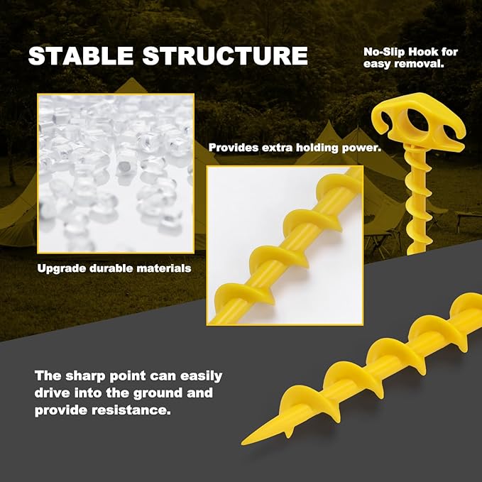 COBARYEN Tent Stakes Ground Anchors Screw in, 16 Pack Sand Stakes for Beach 9.4 Inch Heavy Duty Spiral Tent Pegs for Camping, Party, Hiking, Outdoor Decoration (16, Yellow)