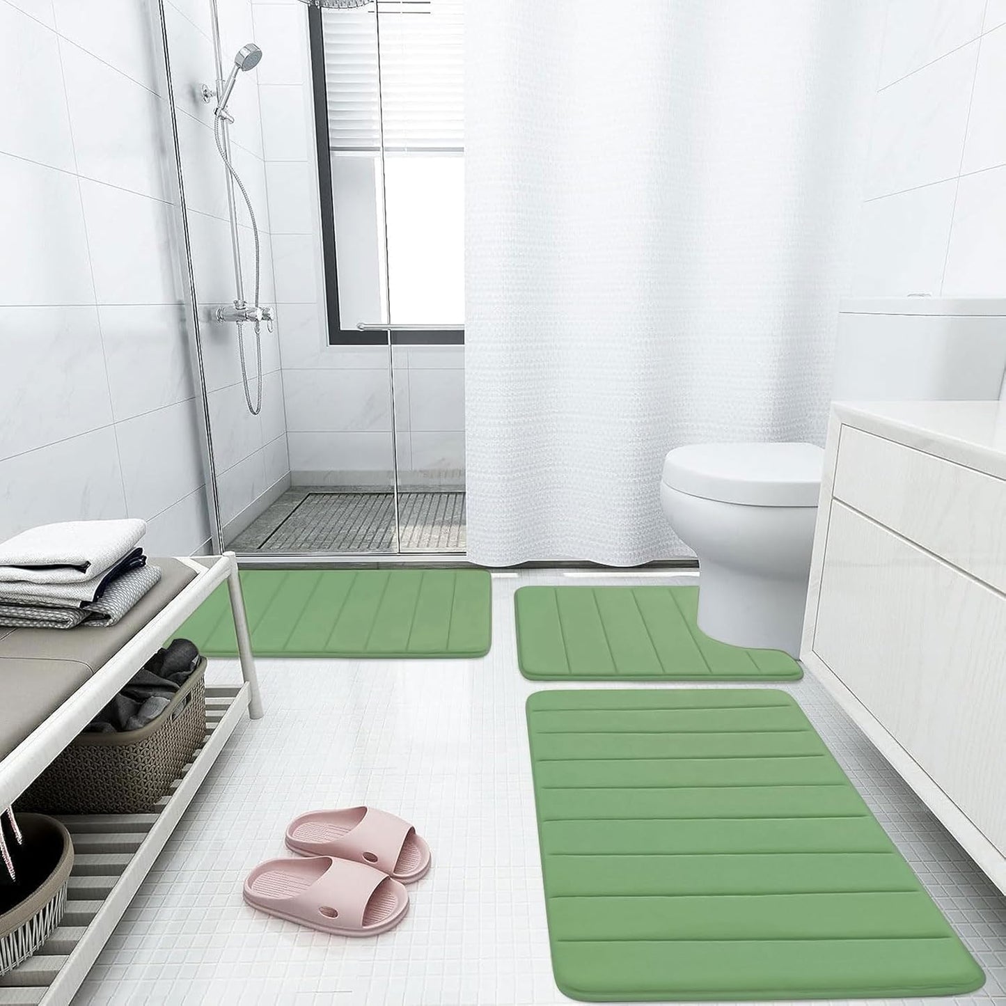 Buganda Memory Foam Bath Mat, 44" x 24", Ultra Soft and Non-Slip Bathroom Rugs, Water Absorbent and Machine Washable Bath Rug Runner for Bathroom, Shower, and Tub, Olive Green