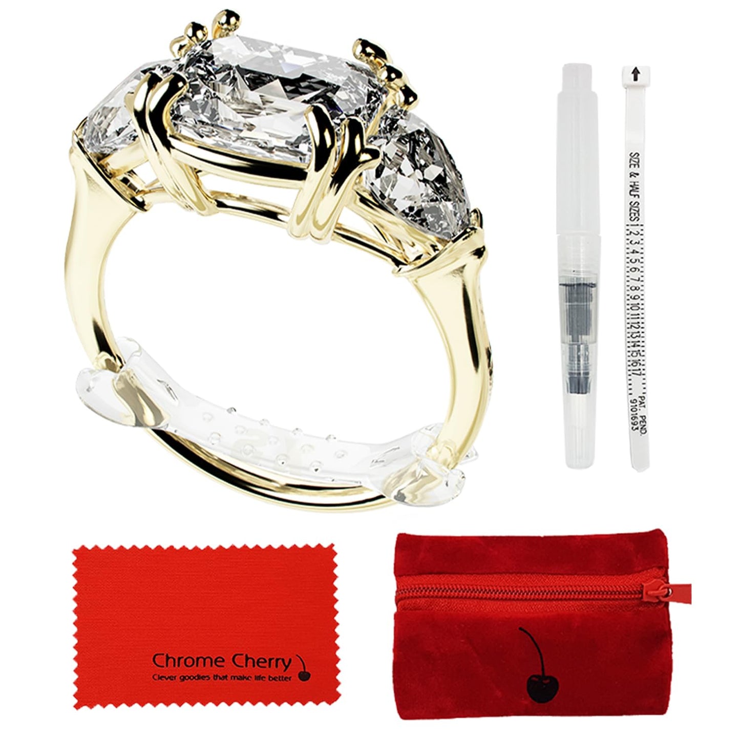 Chrome Cherry Ringo, Invisible Ring Size Adjuster for Loose Rings with 6 Sizes, Clear Ring Band Sizer Guard with the Care Pack,