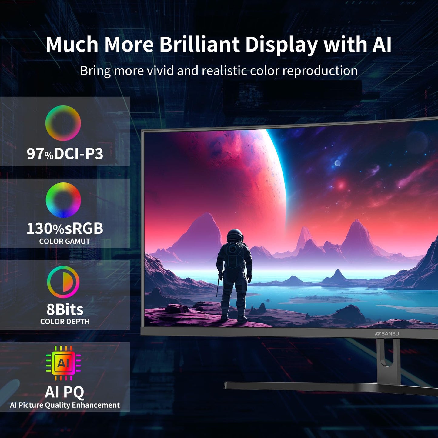 SANSUI 34-Inch Curved Gaming Monitor UWQHD 3440 x 1440P Up to 200Hz 165Hz Curved 1500R - PIP/PBP, OD 1ms, HDR, 300nits, sRGB 130%, DCI-P3 97%,AI Crosshair,HDMI2.1x2,DP1.4(Cable Included)