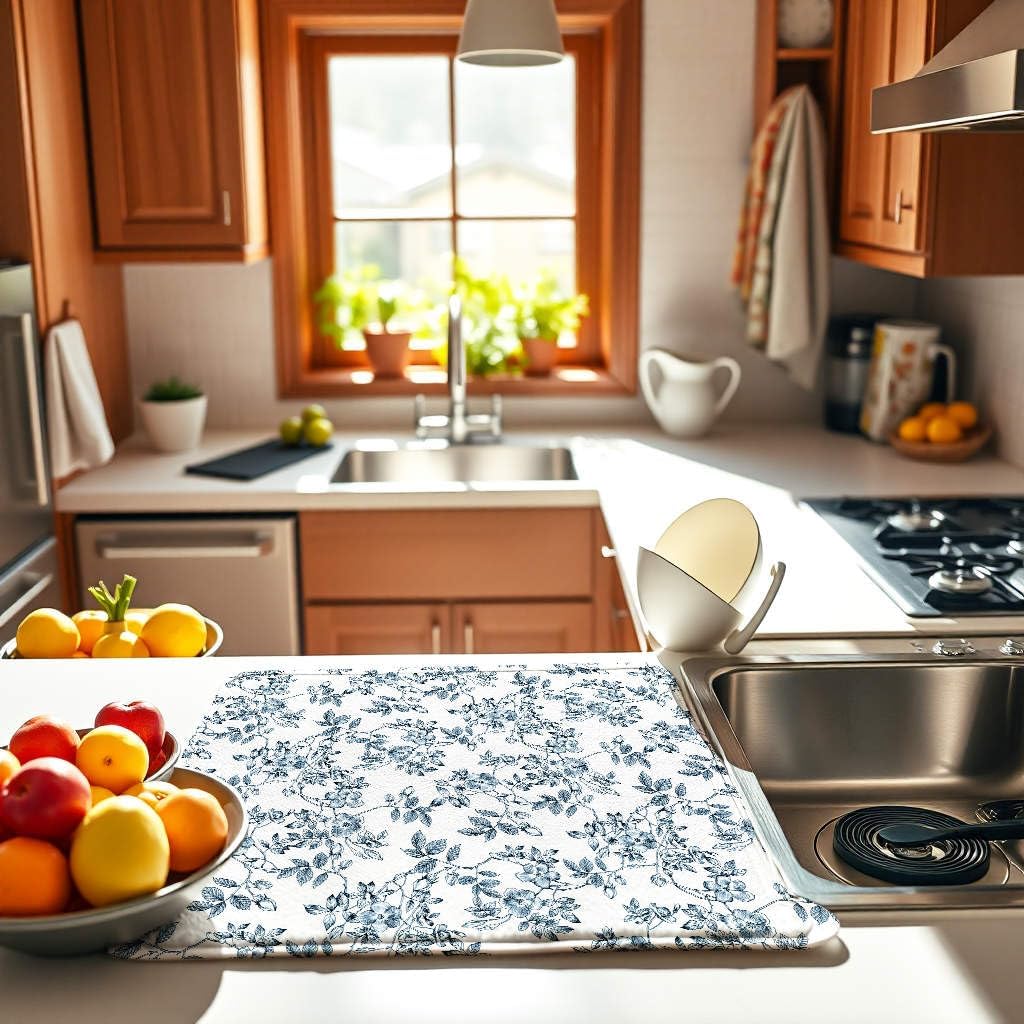 Floral Spring Small Dish Drying Mat for Kitchen Counter 16''x18''Microfiber Absorbent - Foldable, Quick-Dry, Non-Slip, Compact Plant Leaves Kitchen Drying Pad for Dishes, Countertops, and Cookware