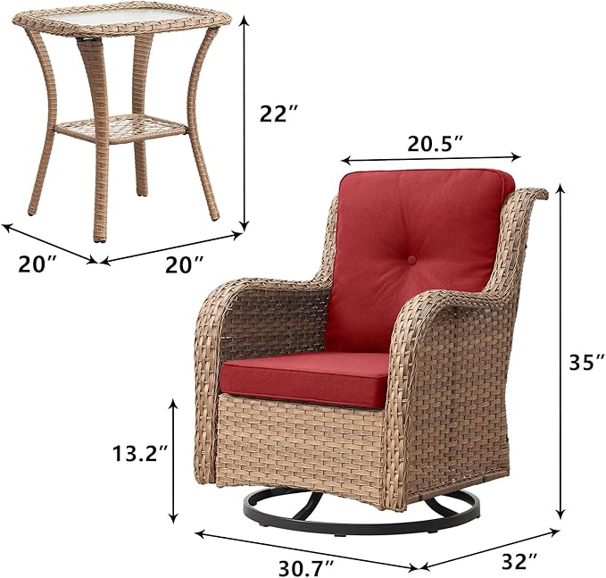 Rilyson Patio Chairs Rocking Swivel Chiar - 3 Piece Outdoor Wicker Patio Bistro Set Rattan Rocker Glider Chairs with High Back and Deep Seating for Outside Porch Deck Garden(Yellow/Red)