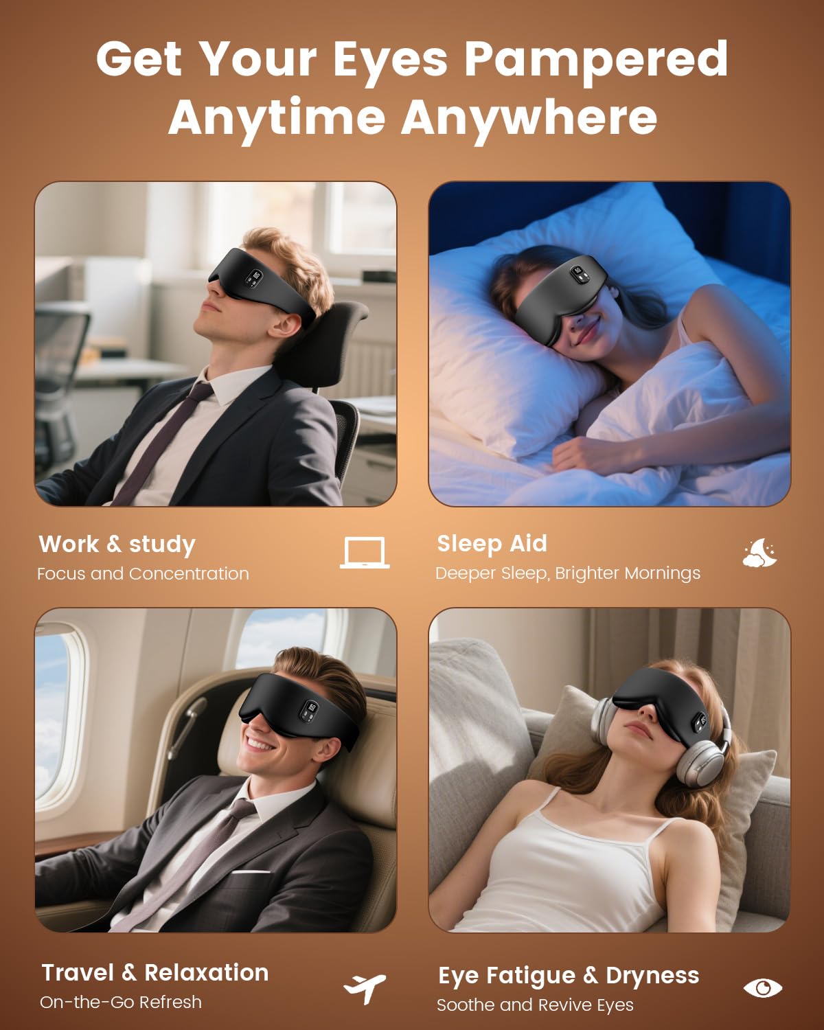 Heated Eye Mask - Cordless Eye Mask for Dry Eyes, Eye Relief, Improved Sleep, Timed Shutdown, 4 Temperature, Washable Eye Heating Pad for Travel, Removable for Cleaning - Black