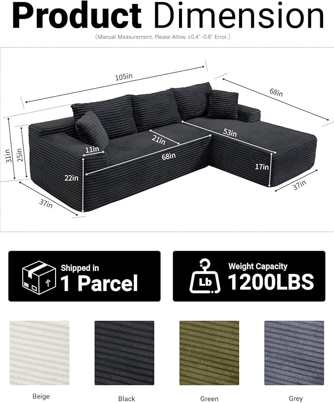 108" Cloud Sectional Couch,Modern Modular Sectional Sofa with Deep Seat,Corduroy Boneless Couches with L-Shape Chaise for Living Room,No Assembly Required (Black, Right Facing Chaise)