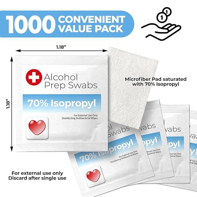 Alcohol Prep Pads - 70% Isopropyl Alcohol Wipes, 1000 Pack Individually Wrapped Alcohol Pads Bulk - Great for Home, Medical and First Aid Kits
