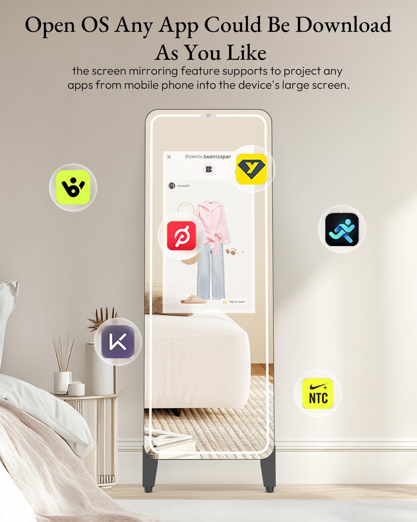 HARZHI Smart Fitness Mirror with 32'' HD Touchscreen, 65'' Full-Length Mirror, Android OS, Voice Control, for Home Gym, Yoga, Dance and Training
