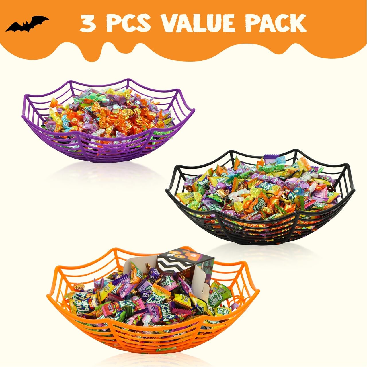 JOYIN 3 Pcs Halloween Candy Bowl Dish Spider Web Decorations Indoor Decor, Party Supplies Favors Table Desk Haunted House Trick Or Treat Basket Plastic