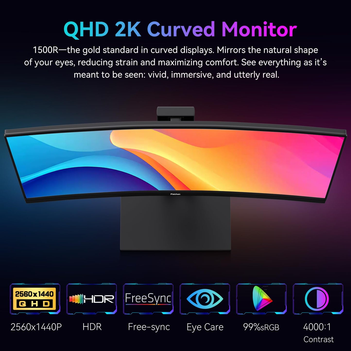 Pisichen Curved 27 Inch Touchscreen Monitor, QHD 2K 2560x1440 85Hz Computer Monitor, 99% sRGB, Built-in Adaptive Sync, with Display Port HDMI, Eye Care, VESA
