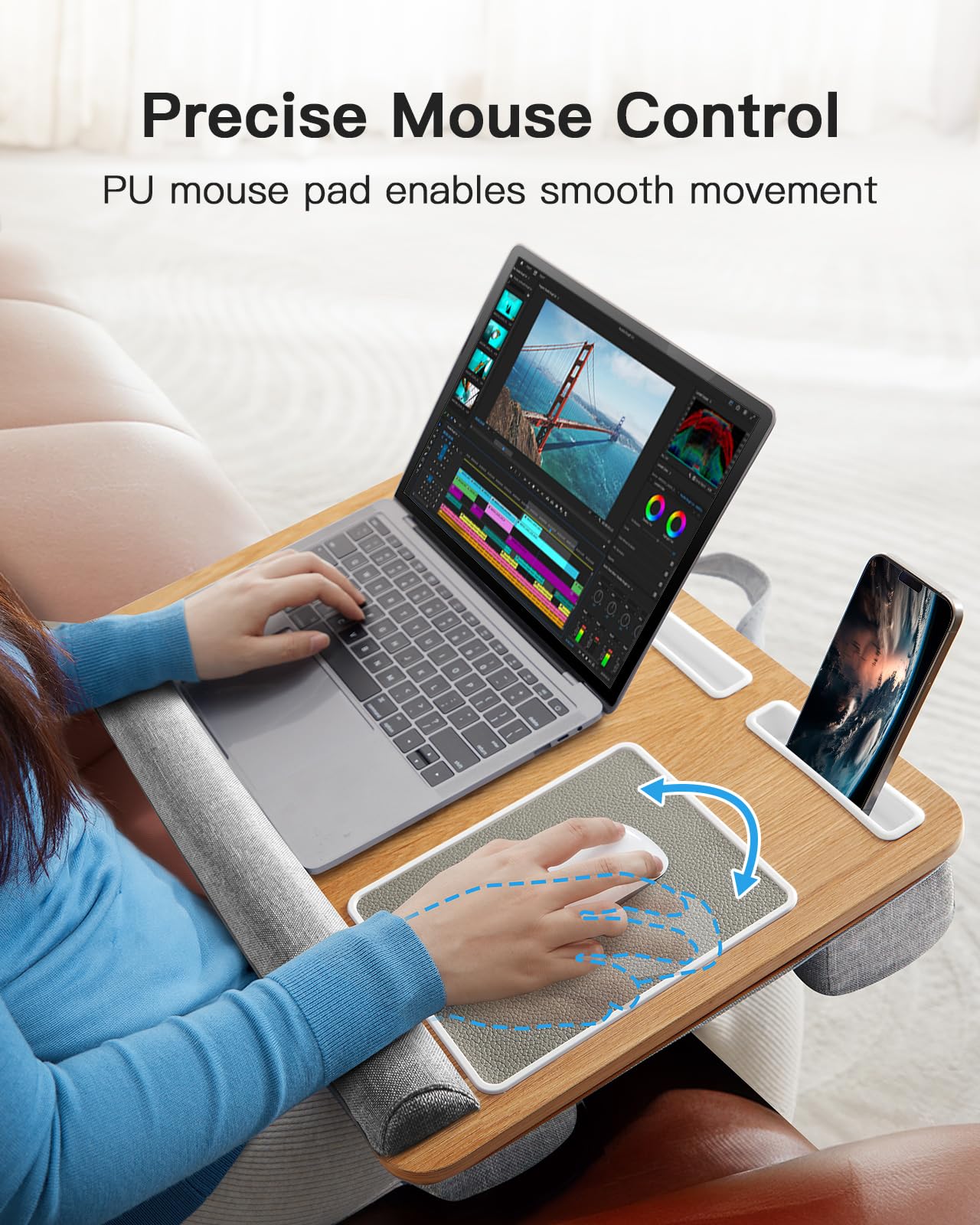 HUANUO Lap Desk - Fits up to 17 inches Laptop Desk, Built in Mouse Pad & Wrist Pad for Notebook, Laptop, Tablet, Lap Stand with Tablet, Pen & Phone Holder (Wood Grain)