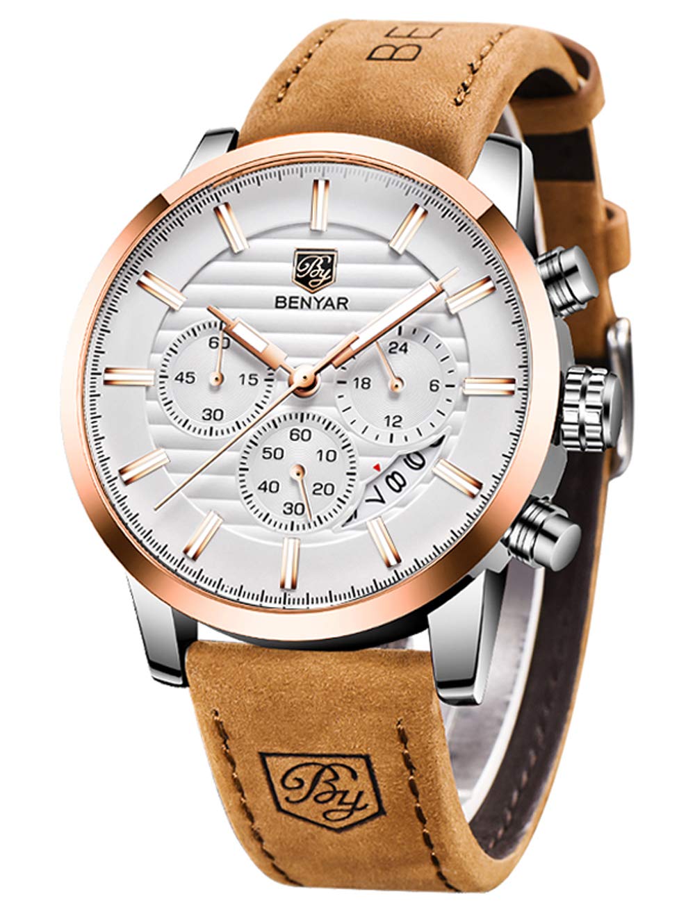 BENYAR Quartz Chronograph Waterproof Watches Business and Sport Design Leather Band Strap Wrist Watch for Men (Brown Gold White)