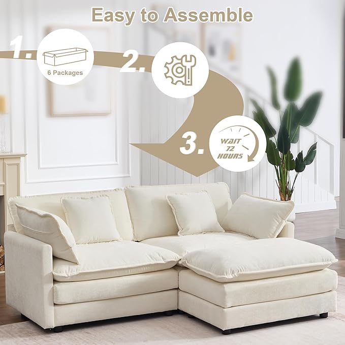 KIVENJAJA Chenille L-Shaped Modular Sectional Sofa, Modern Loveseat Comfy Deep Seat Cloud Couch with Ottoman/Chaise & 4 Pillows for Living Room Office Apartment, 76.7" W, Beige
