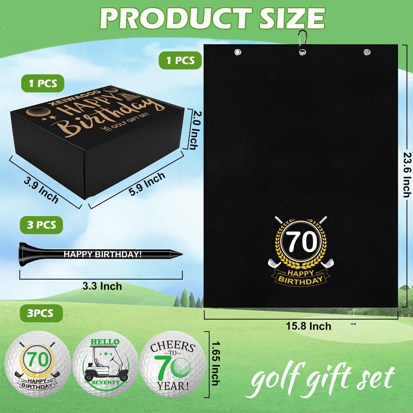 Xeiwagoo 70th Birthday Gifts for Men,3 Pack Personalized Happy Birthday Golf Balls, Absorbent Towel & 3 Tees, Unique Golf Gift Set for Men, Golfers, Dad, Mom, Grandpa, Grandma, Husband-70th