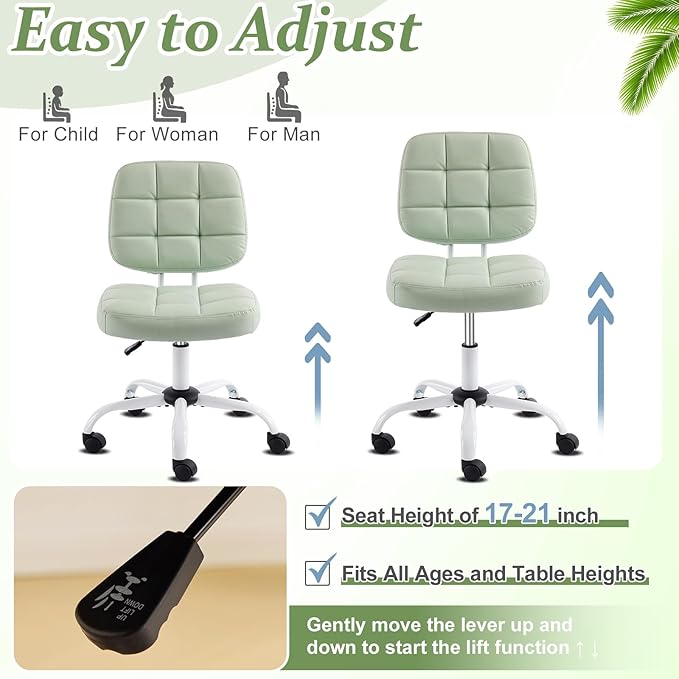 VINGLI Compact Small Desk Chair, Cute Armless Chair with Wheels, Vanity Chair with Low Back, Height Adjustable Task Chair for Small Spaces, Office, Bedroom, Make Up Room, PU Leather, Mint Green