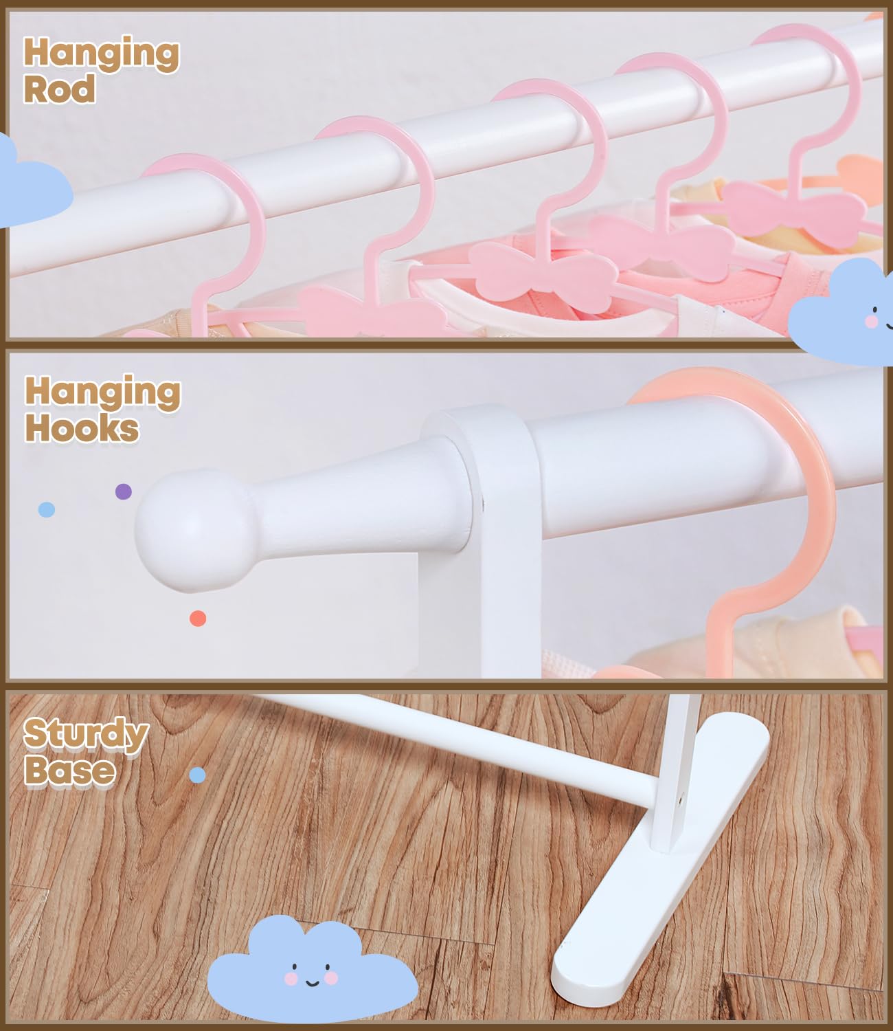 Relquorax Bamboo Kids Clothing Rack with Dual Poles, Child Dress Up Rack, Clothing OrganizerRack, Small GarmentRack, Perfect for Costumes and Accessories (White)