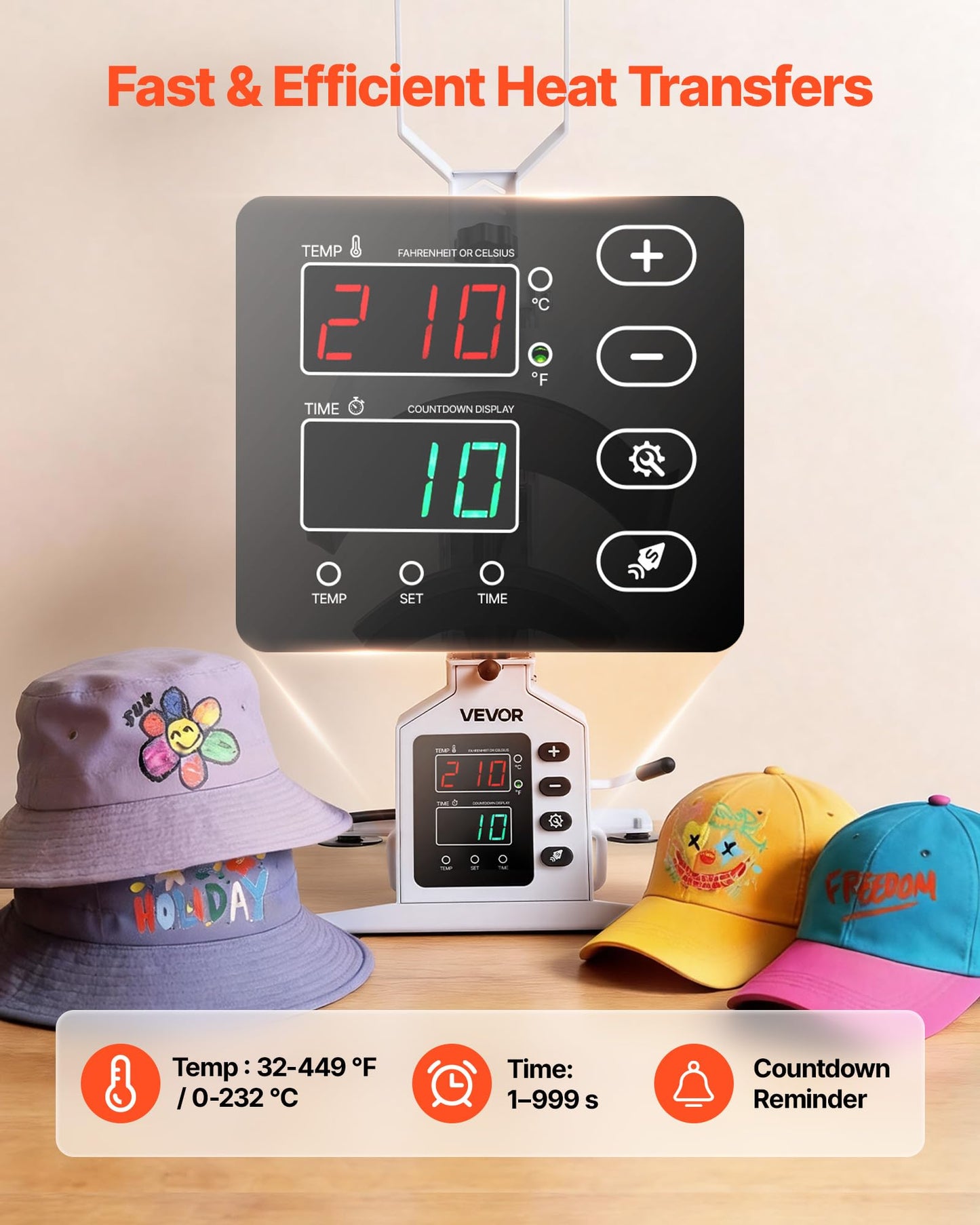 VEVOR Hat Heat Press Machine, 8.5 x 4 in Large Heating Plate, with Caps Stretcher, Precise Temperature & Time Control, Heat Press for Hats and Caps, for HTV Iron On and Sublimation Projects, White