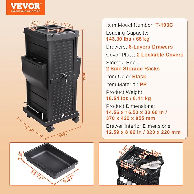 VEVOR Ultimate Trolley Cart, Salon Trolley with 6 Detachable Trays & Appliance Holder, Durable Salon Rolling Cart with Locking Casters for SPA & Beauty & Tattoo & Hairdressing