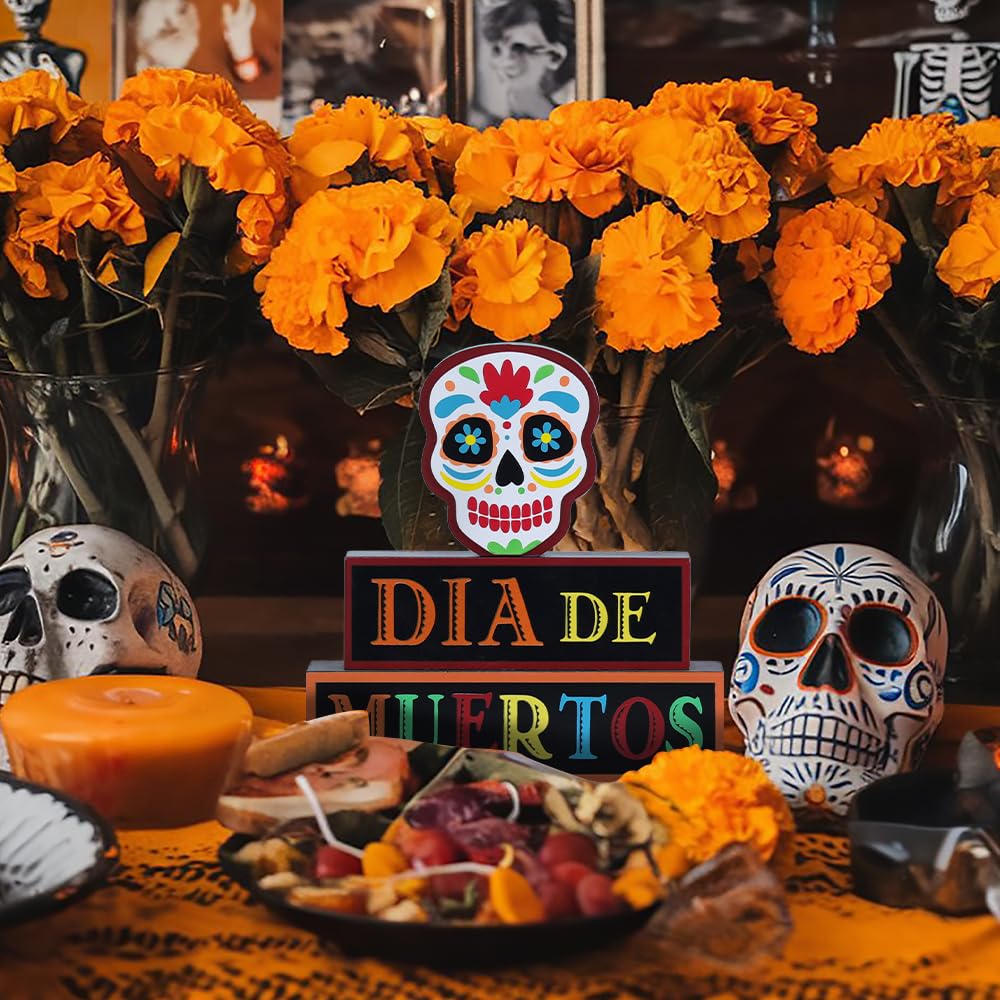 DECSPAS Day of The Dead Decorations, Wood Block Sugar Skull Dia De Los Muertos Decorations with Dia DE Muertos Sign, 3-Layered Wooden Skeleton Decor for Altar, Ofrenda, Home, Table, Mexican Fiesta