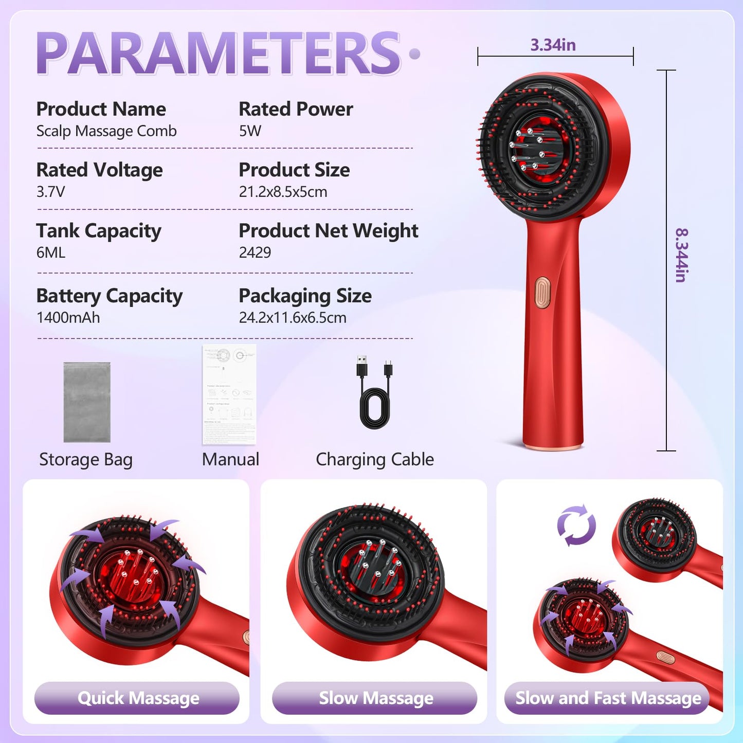 THSTPA 3 in 1 Hair Oil Applicator,Head Massager Scalp,Hair Oil Applicator,Electric Scalp Massager Brush,ipx7 Waterproof,Red