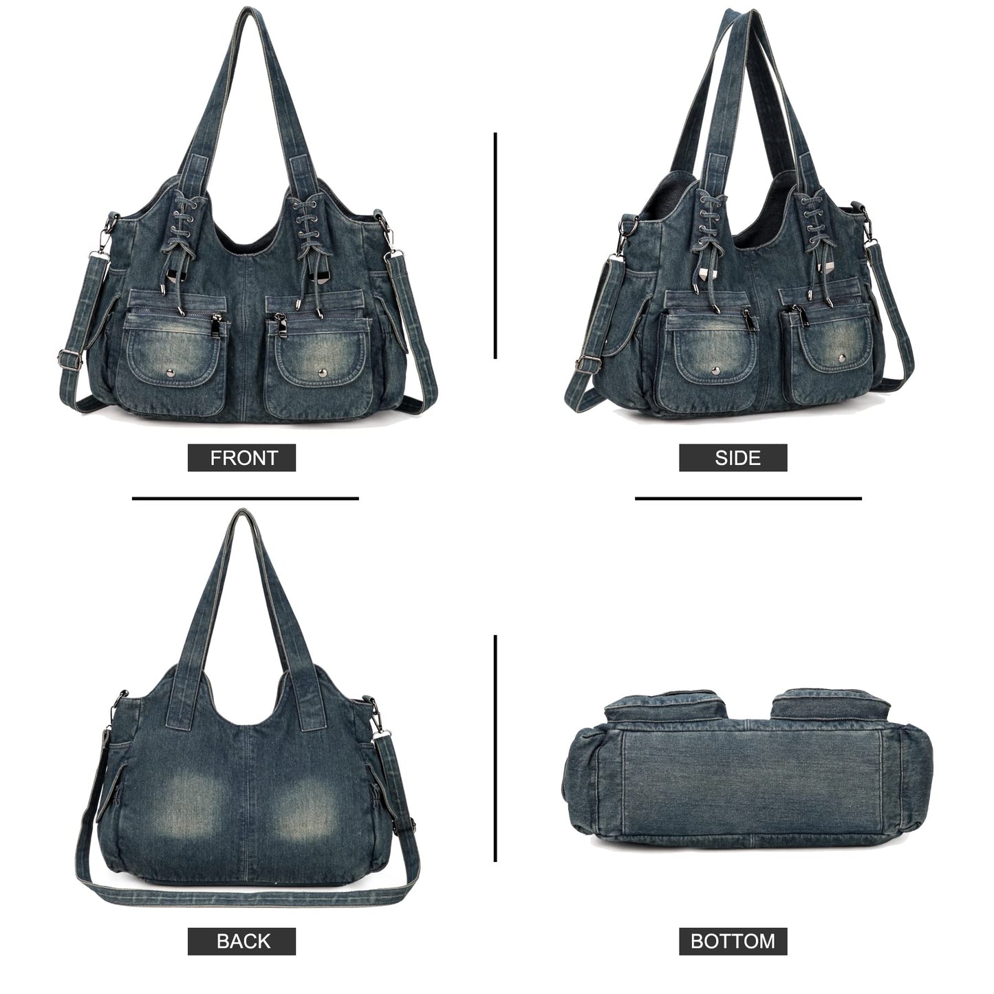 YeFine Casual Washed Denim Shoulder Bags Top Handle Lady's Hobo Bags Women Purses And Handbags (Deep Blue)